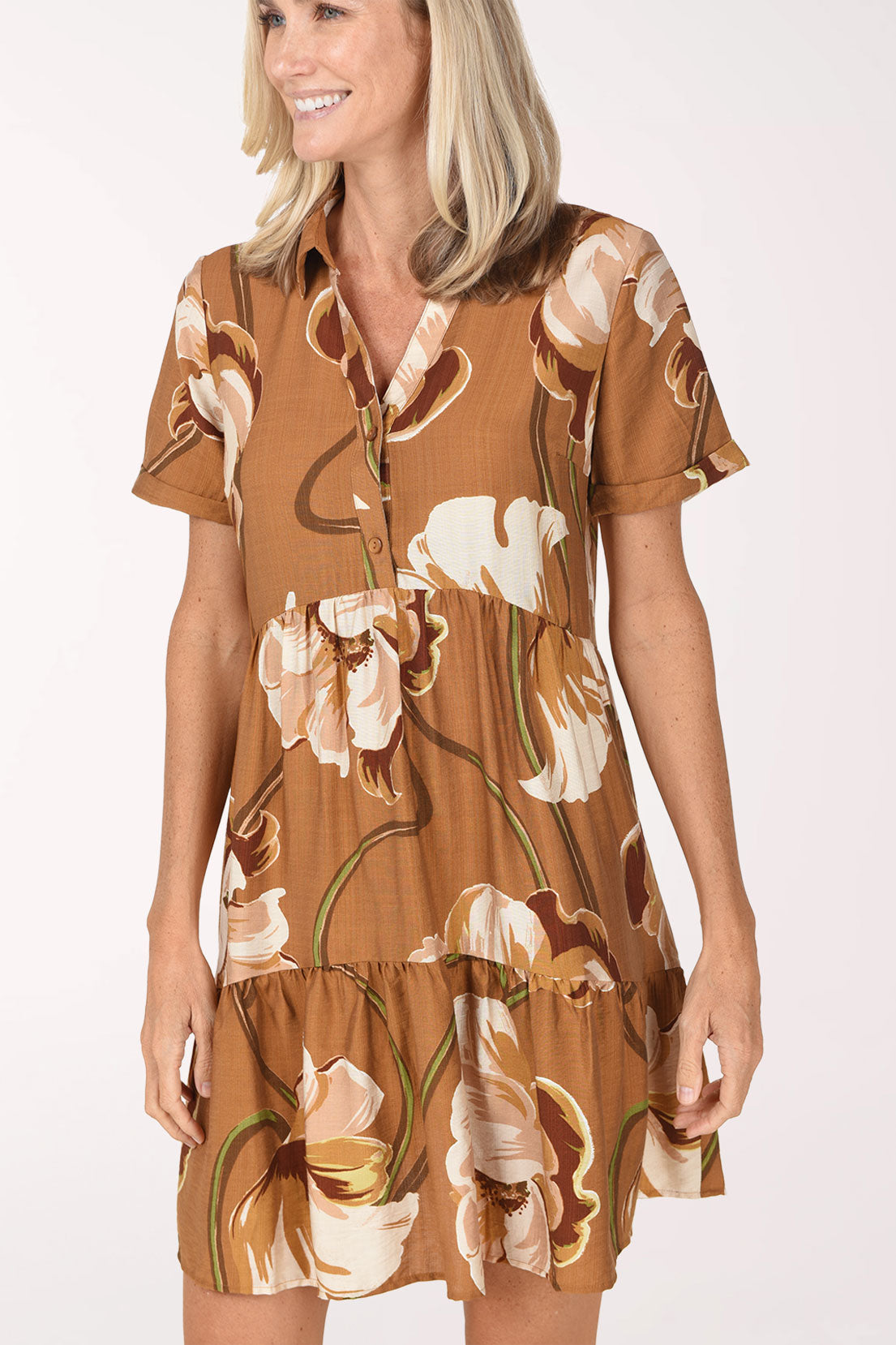 Close-up of the collar and button placket on the Cocoa Floral Tiered Short Sleeve Dress