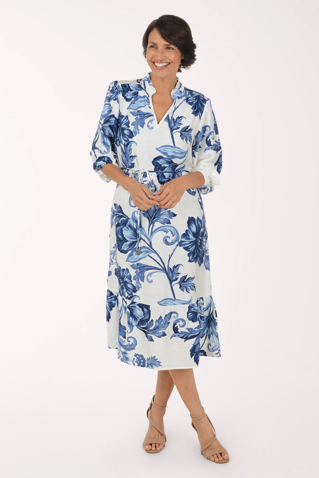 Blue Floral Scroll Belted Midi Dress