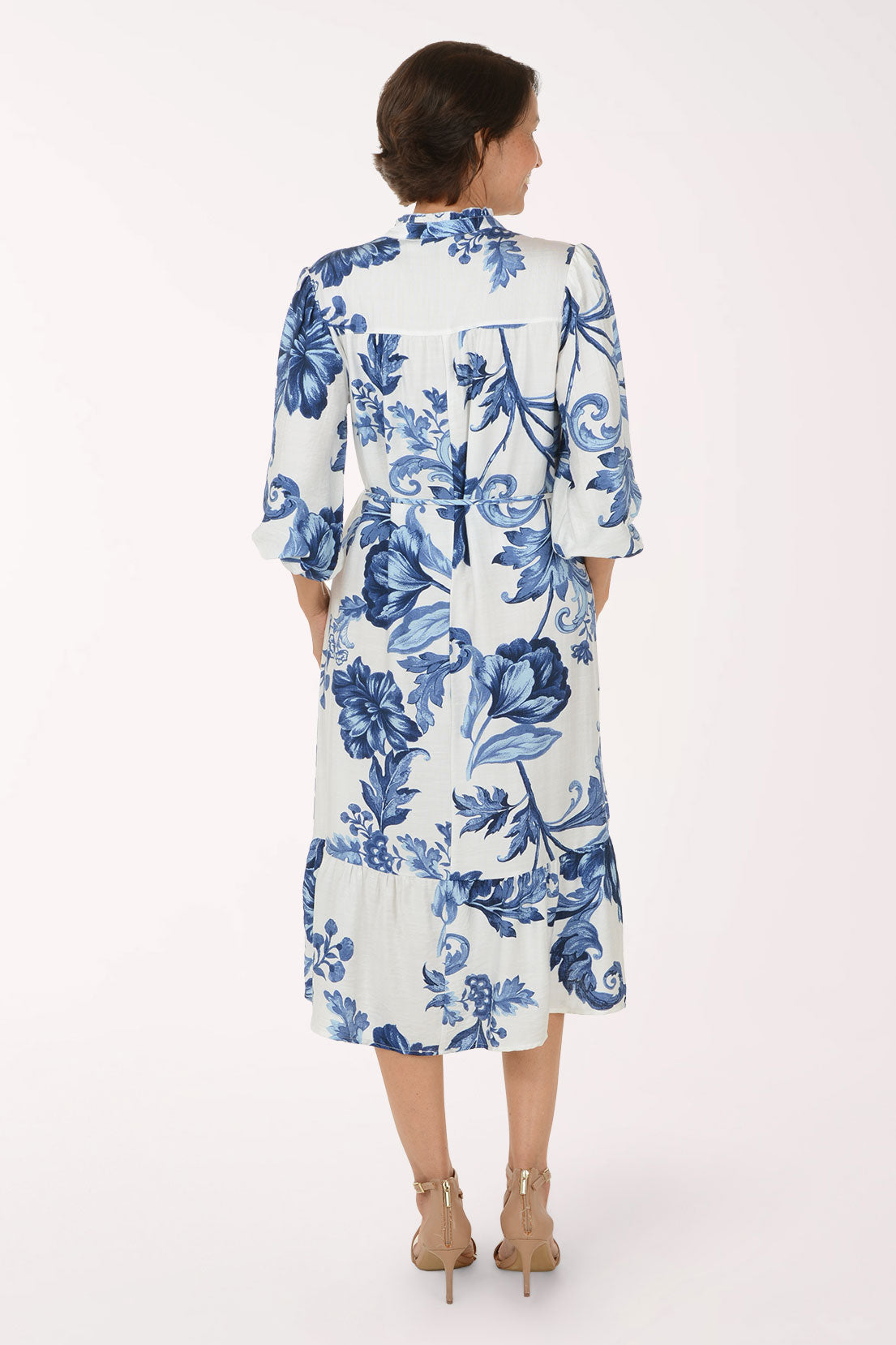 Blue Floral Scroll Belted Midi Dress
