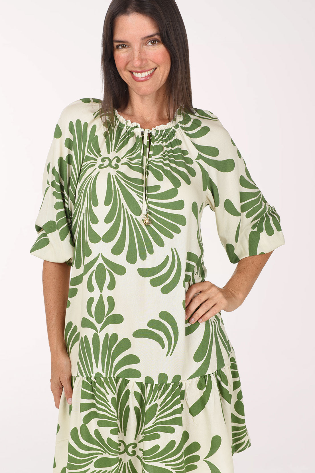 Close-up of the beaded drawstring split neckline on the La Palma Drop Waist Dress