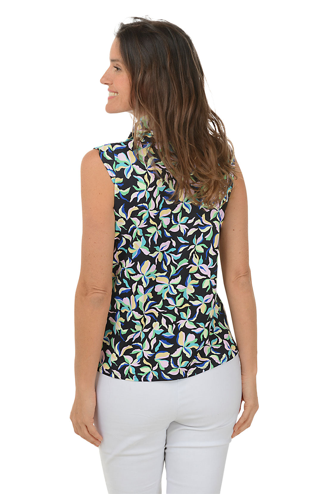 Floral Fireworks Ruched UPF50 Mock Neck Sleeveless Top