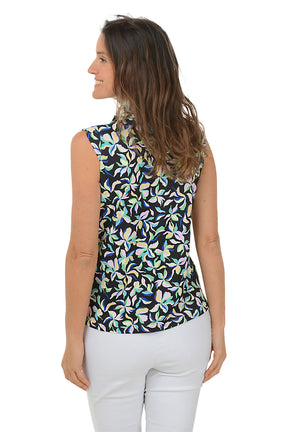 Floral Fireworks Ruched UPF50 Mock Neck Sleeveless Top