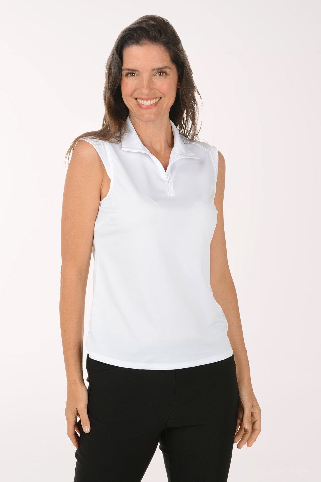 Woman wearing a white sleeveless polo shirt on a white background