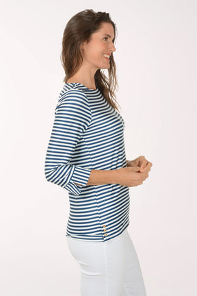 Woman wearing a 3/4 sleeve striped navy and white top.