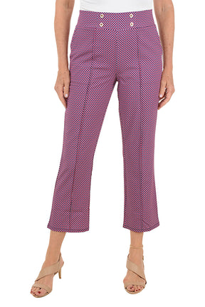 A woman wearing a cropped trouser pant in a pink multi floral print.