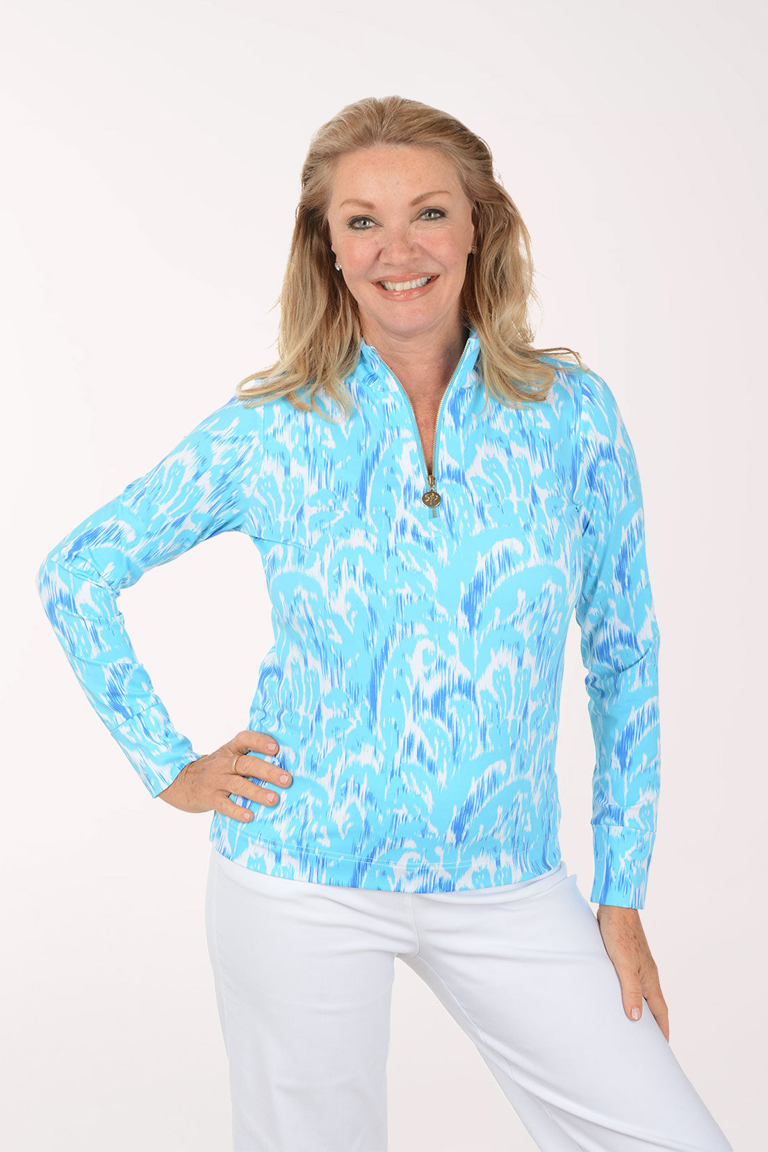 Dream Blue Ikat UPF50 Quarter Zip Top