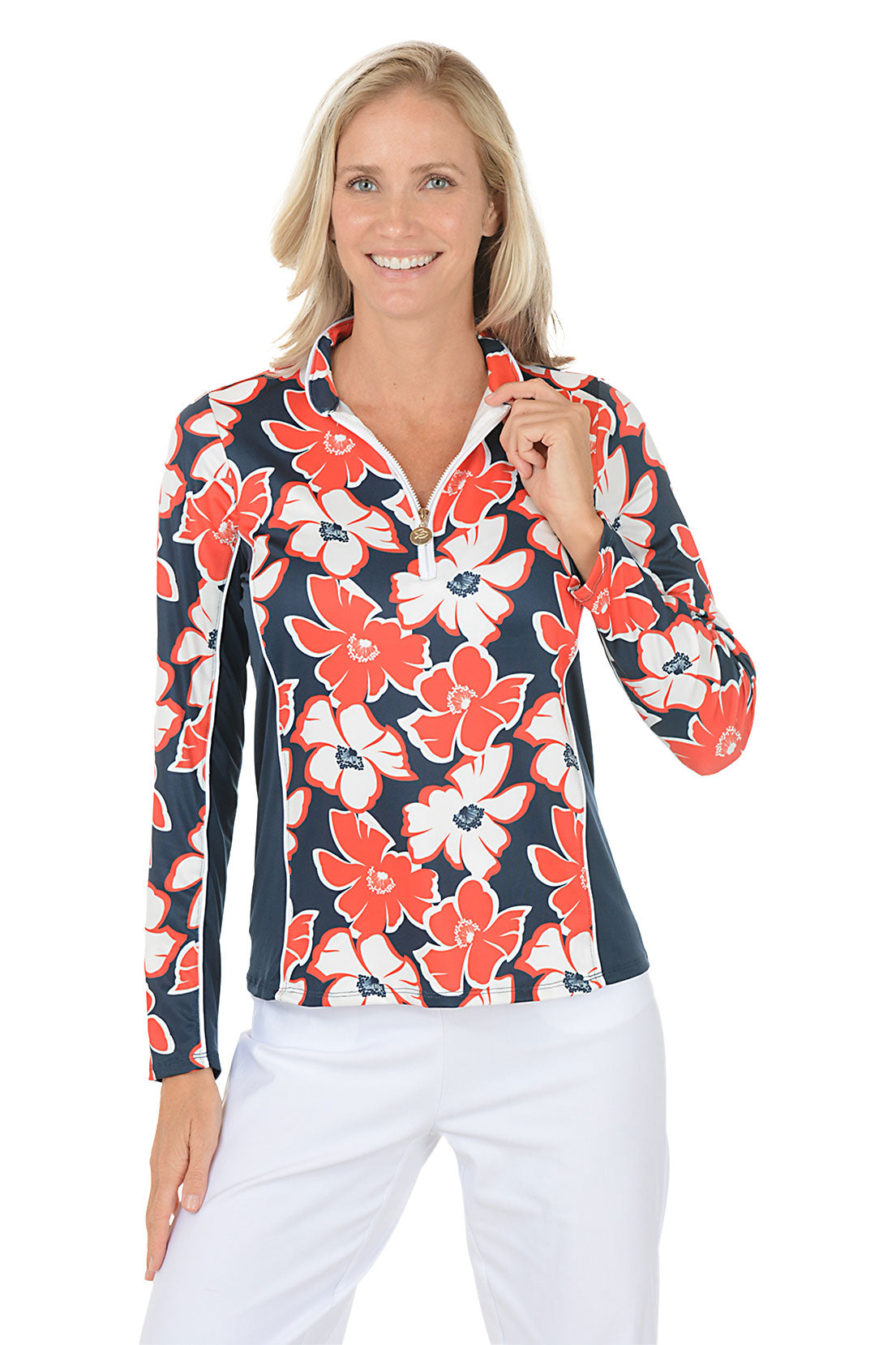A floral long sleeve activewear top with navy contrast sleeves.