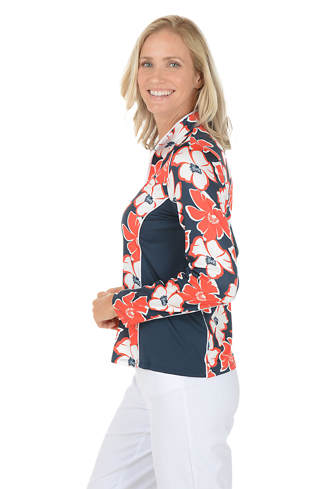 A floral long sleeve activewear top with navy contrast sleeves. Side shot.