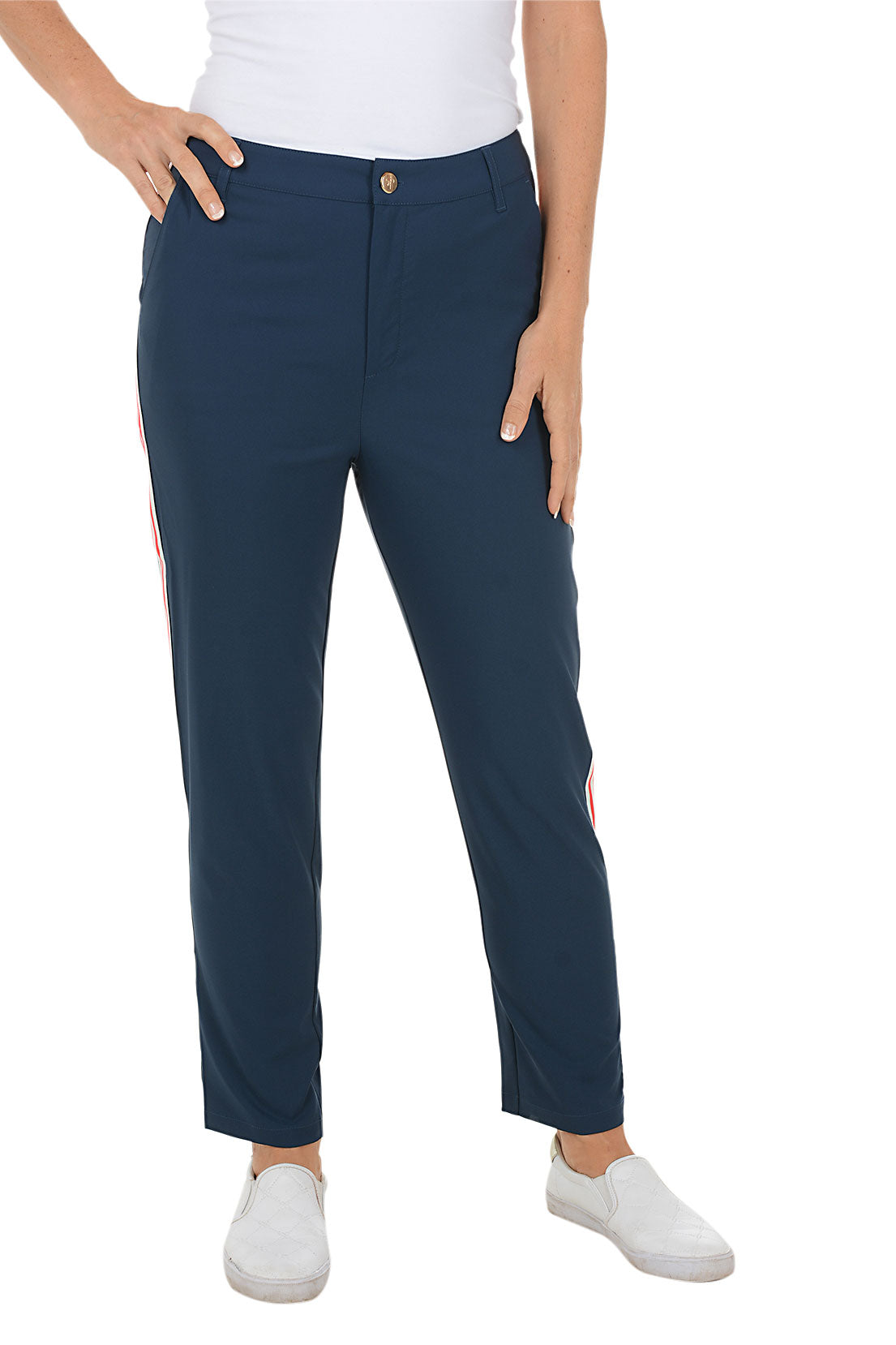 Navy pants worn by a person on a white background.