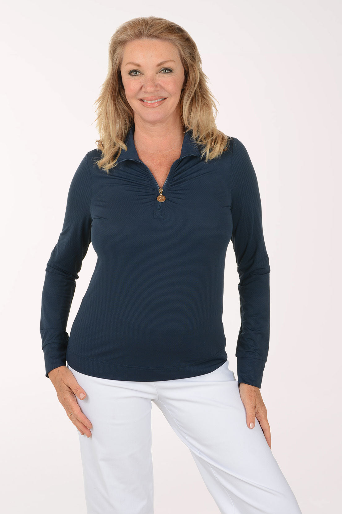 Solid UPF50 Ruched Quarter Zip Top | Stella Parker
