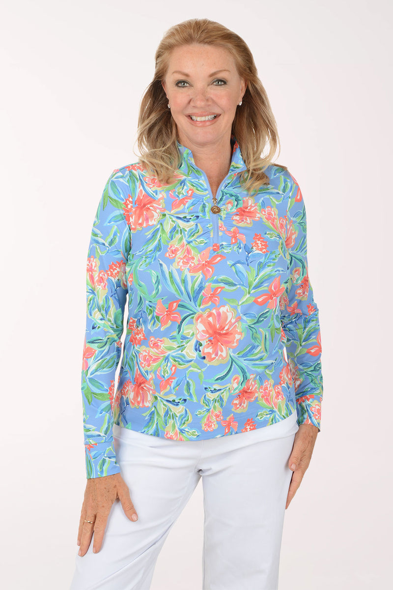 Vacation Floral UPF50 Ruched Quarter Zip Top | Stella Parker