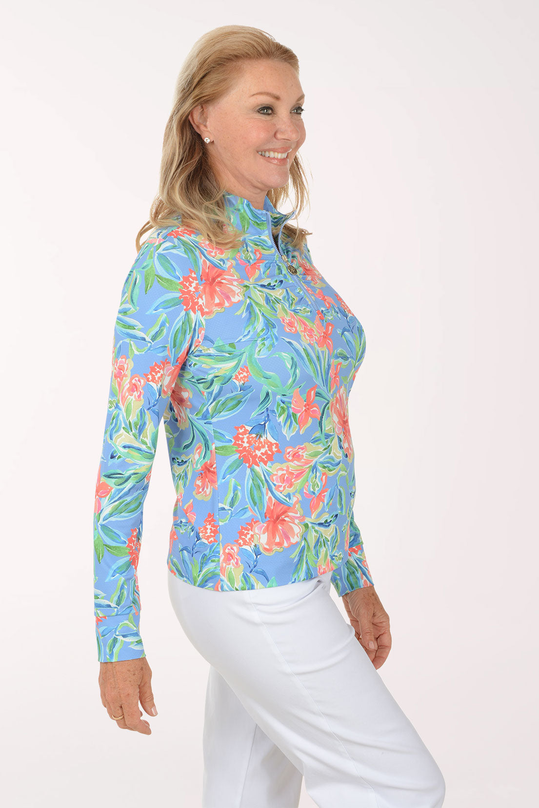 Vacation Floral UPF50 Ruched Quarter Zip Top