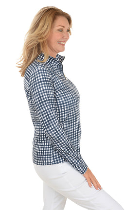 Navy Gingham UPF50 Mock Neck Sun Shirt