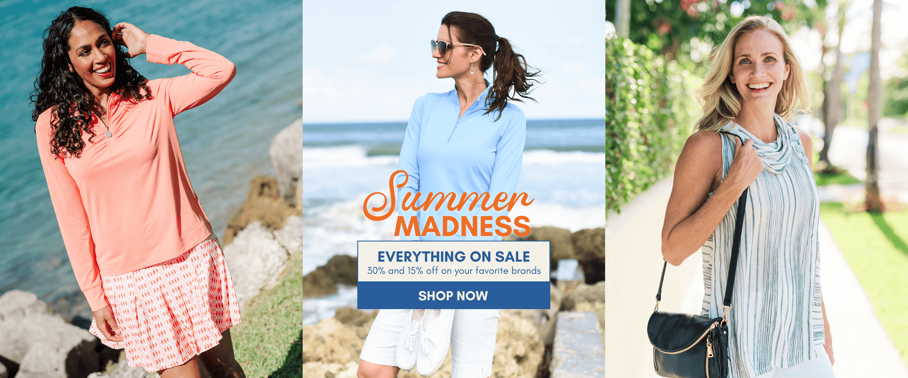 A three-panel promotional banner featuring women modeling summer clothing outdoors by the beach and on a park path. The center panel includes the text 'Summer Madness' and 'Everything on Sale' with a blue 'Shop Now' button.