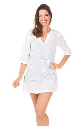 Embroidered Fish Cotton Tunic Cover-Up