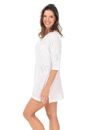 Embroidered Starfish Cotton Tunic Cover-Up