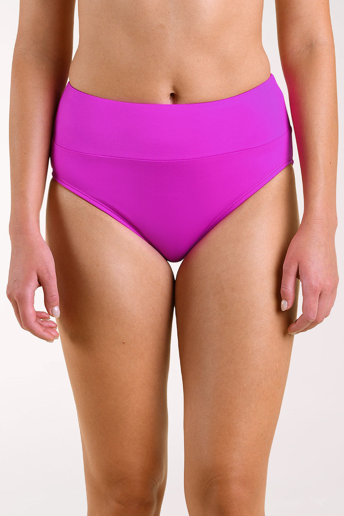 Front view of the 24th and Ocean Wide Waistband High Waisted Swim Brief in orchid, a bright magenta-purple, with a wide waistband.
