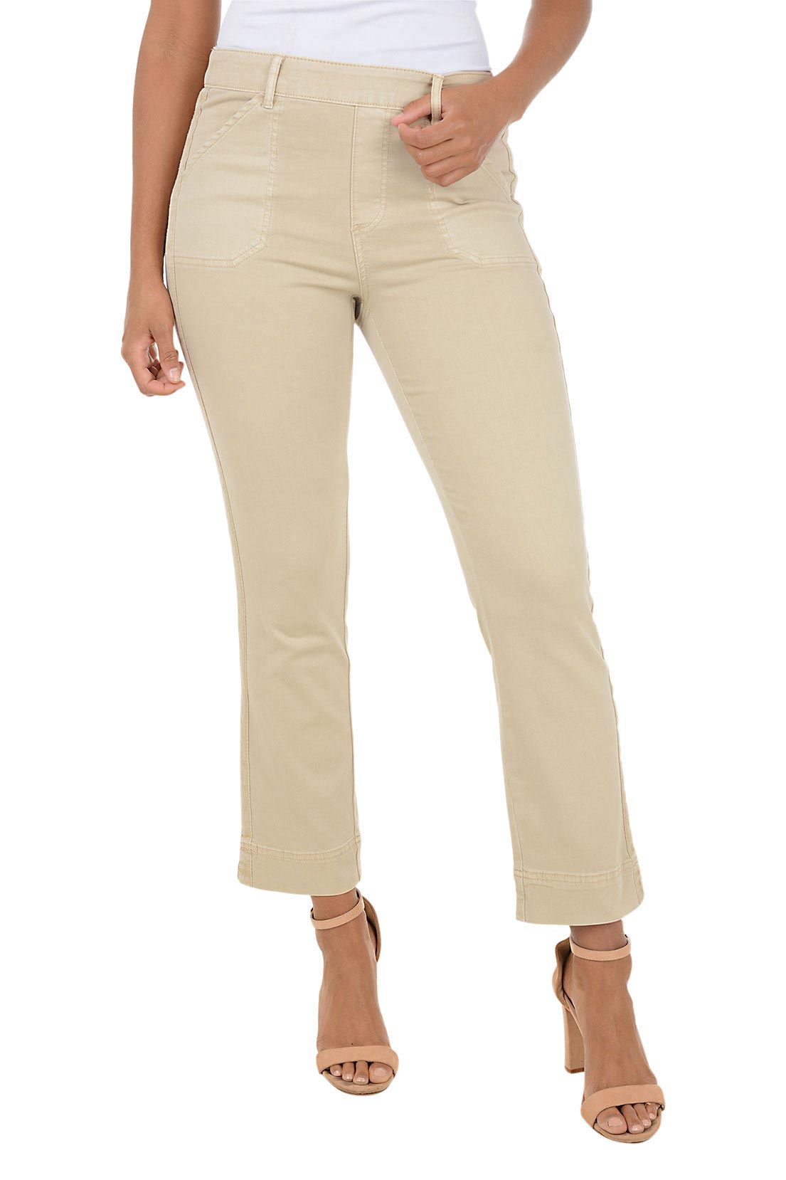 Beige pants worn by a person on a white background.