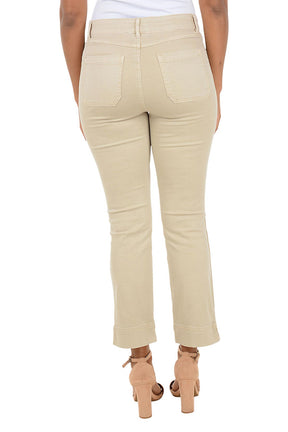 Beige pants worn by a person on a white background. Back shot.