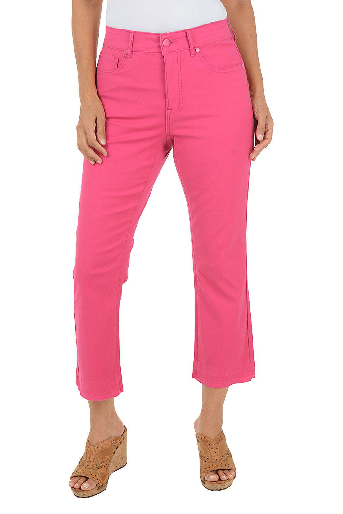 Person wearing bright pink pants on a white background.