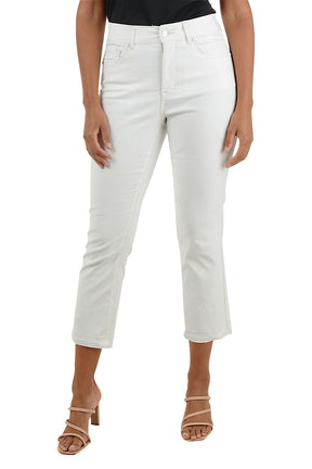 White pants worn by a person on a white background