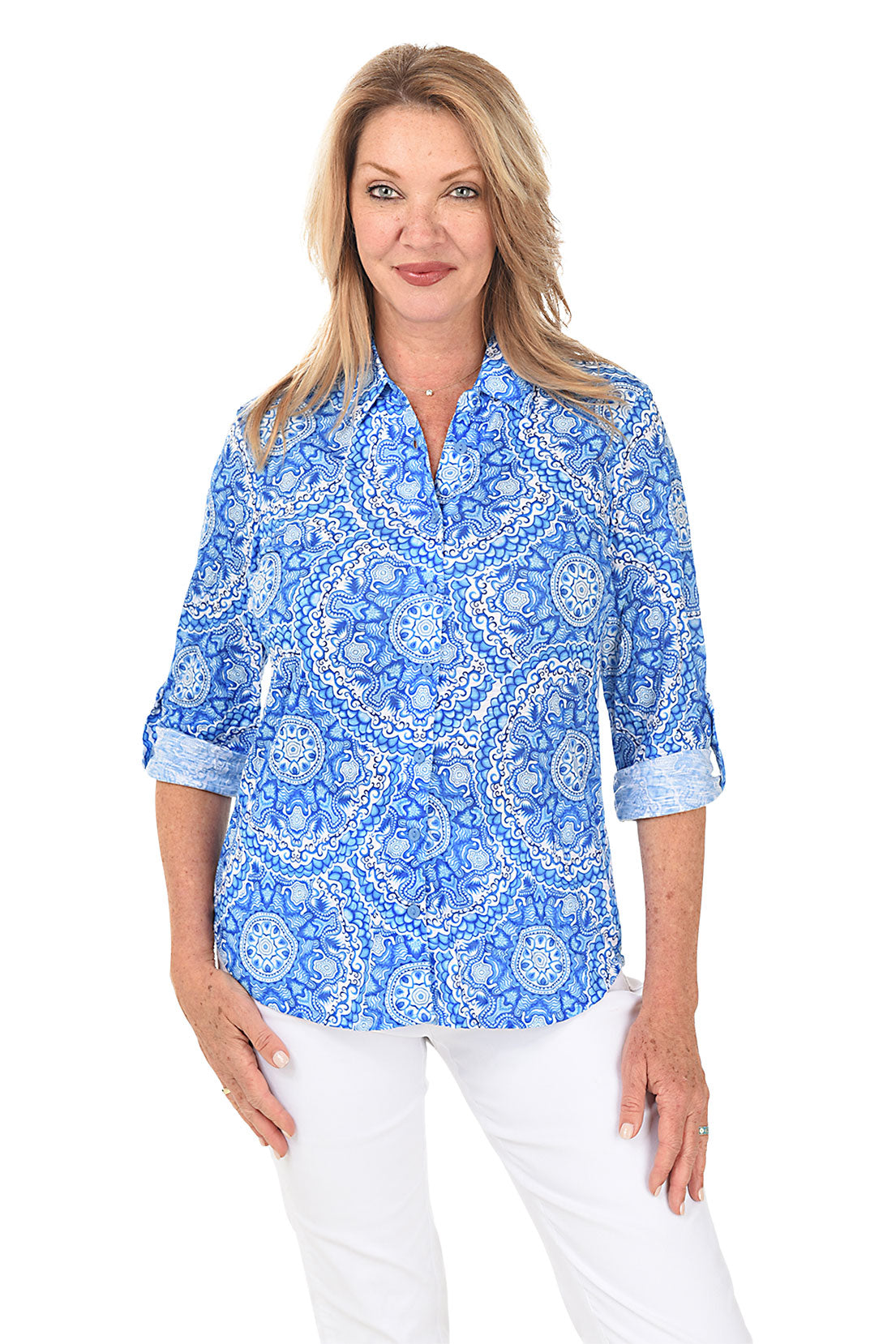 Medallion Roll-Tab Button-Front Knit Top
