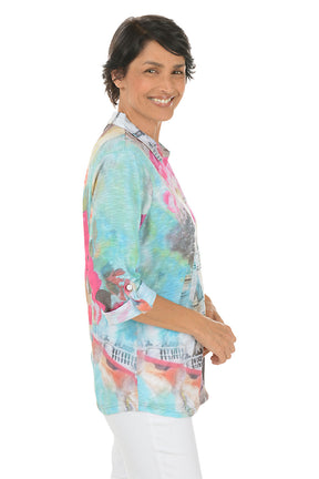 Floating Flowers Roll-Tab Knit Shirt