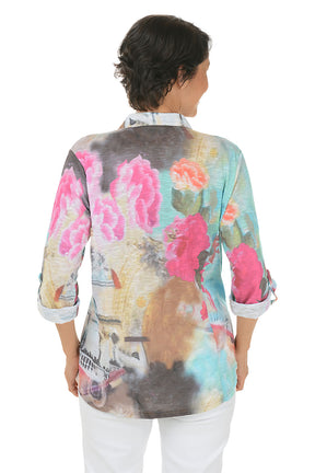 Floating Flowers Roll-Tab Knit Shirt