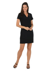 Woman wearing a black short sleeve v-neck dress on a white background.