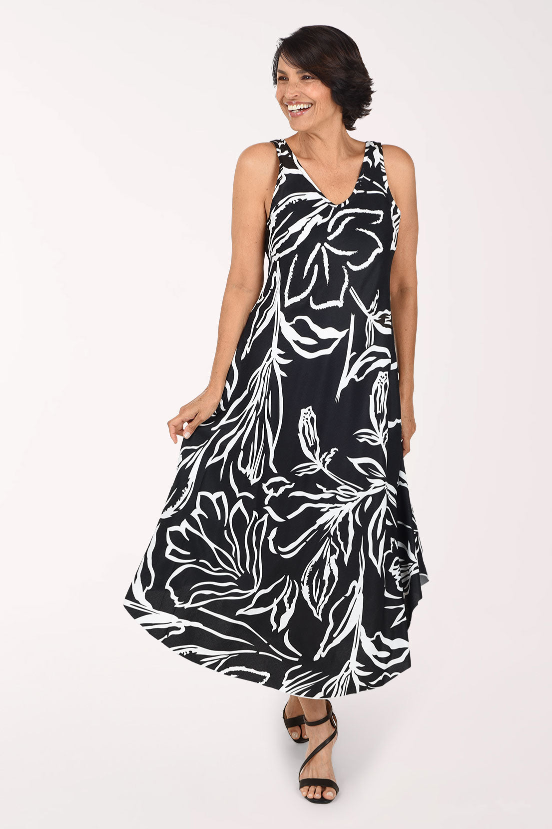 Tango Mango Zebra Flowers Sleeveless Midi Dress, front view, white line-drawn flowers and leaves on black