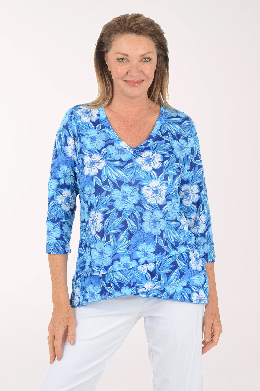 Woman wearing a blue floral print top on a white background