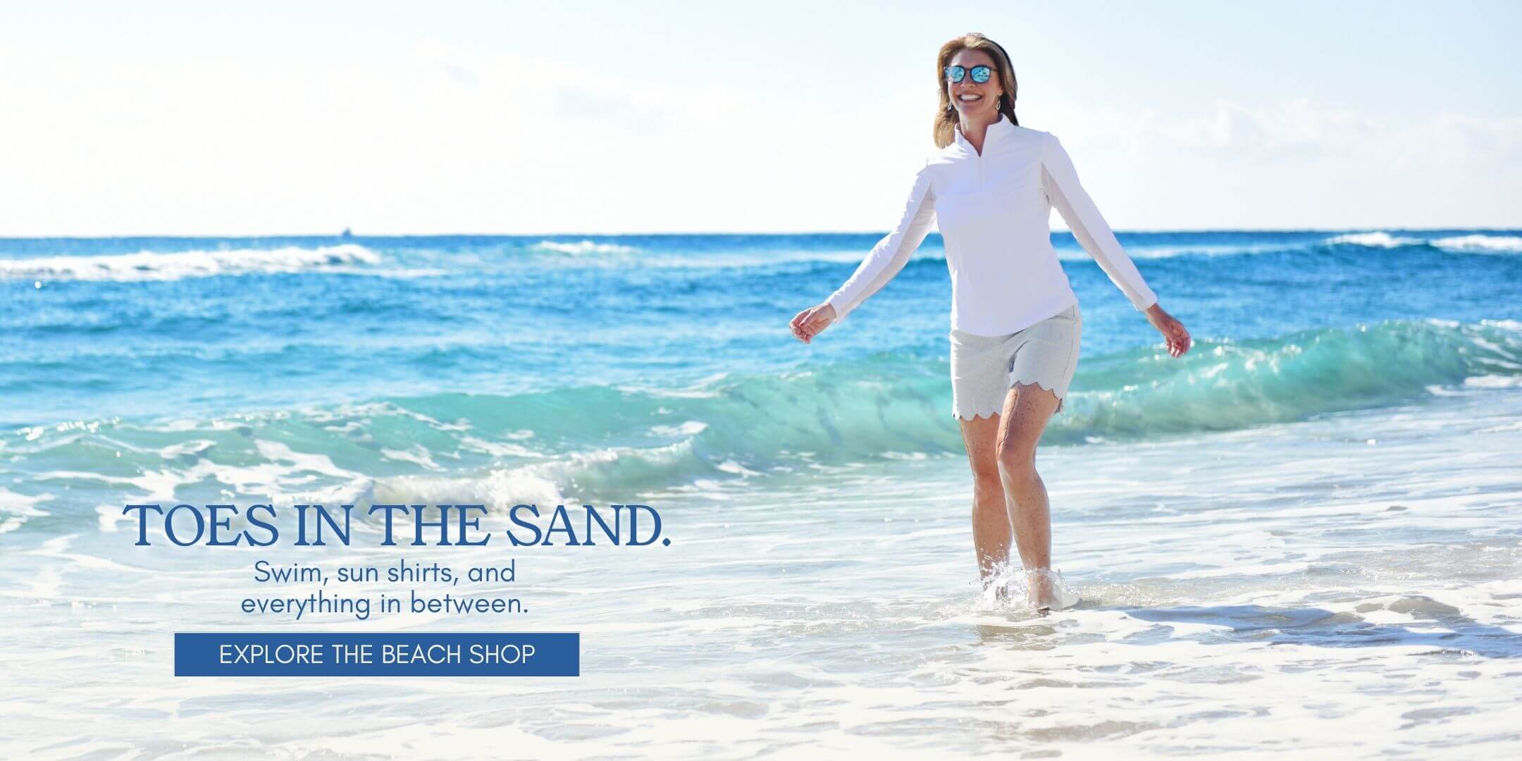 Woman walking on a beach with text 'Toes in the Sand' and a call to action.