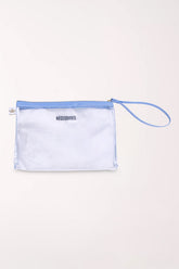 Clear PVC zip pouch with periwinkle trim along the top, a matching periwinkle wrist strap, and a small printed label.