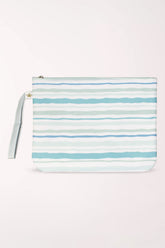 White wet/dry bag with horizontal stripes in aqua, teal, and soft blue of varying widths, with a pale blue wrist strap.