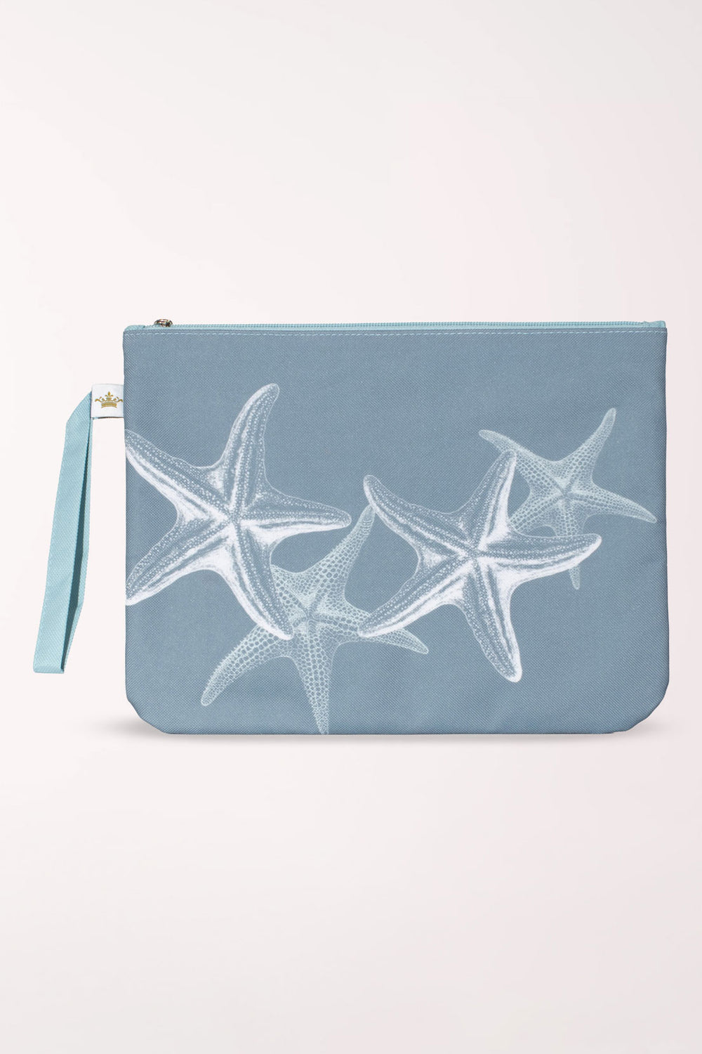 Slate blue wet/dry bag with three white sketched starfish across the front and a pale blue wrist strap.