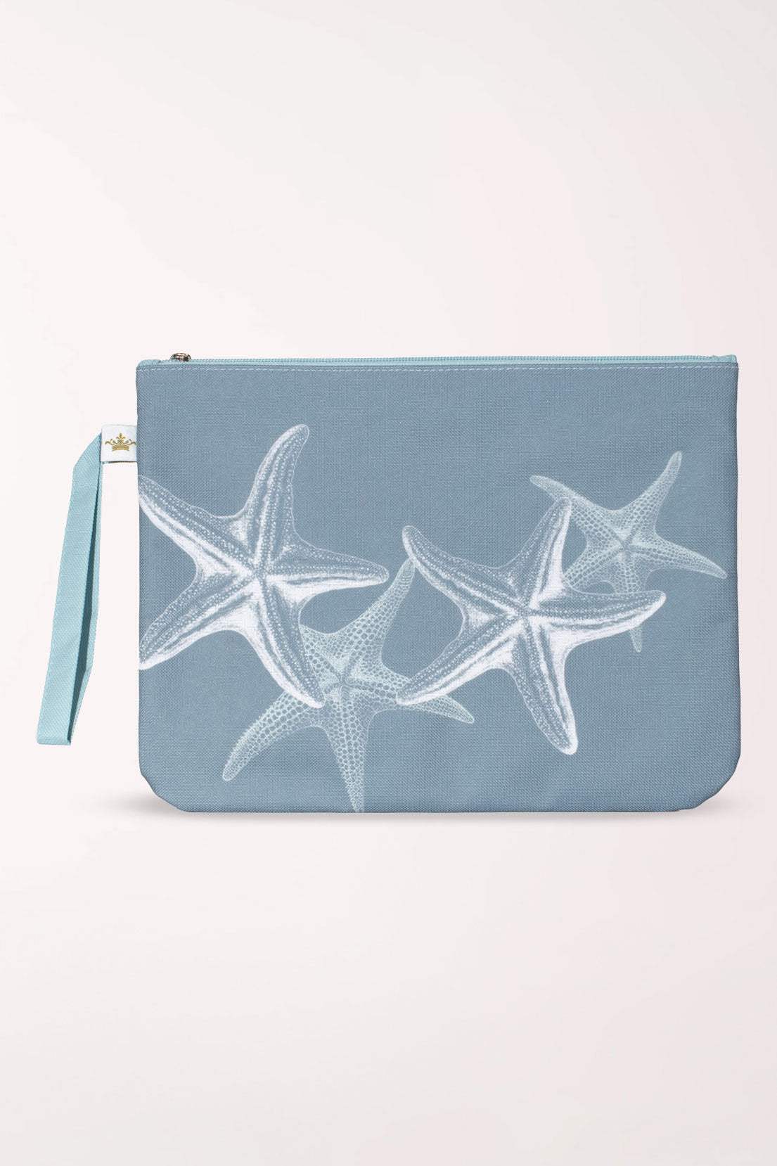 Slate blue wet/dry bag with three white sketched starfish across the front and a pale blue wrist strap.