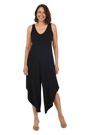 Front photo of model wearing a black sleeveless jumpsuit