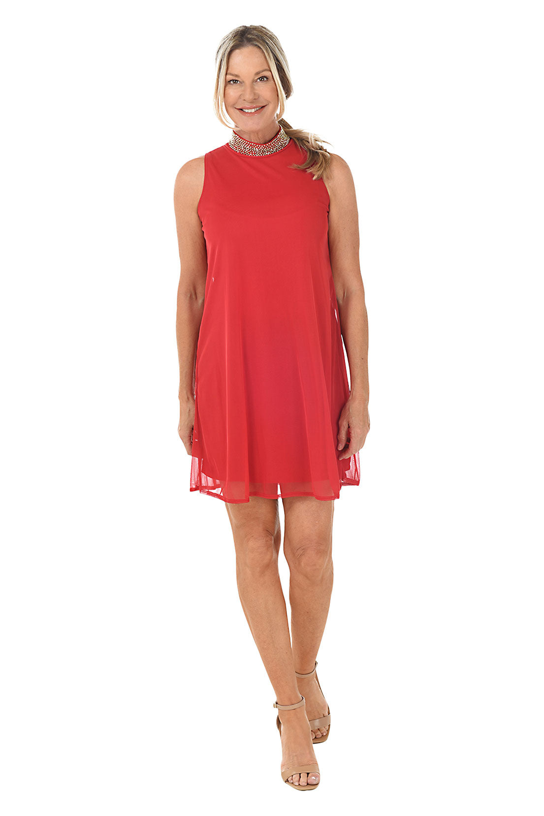 Red Sleeveless Beaded Overlay Dress
