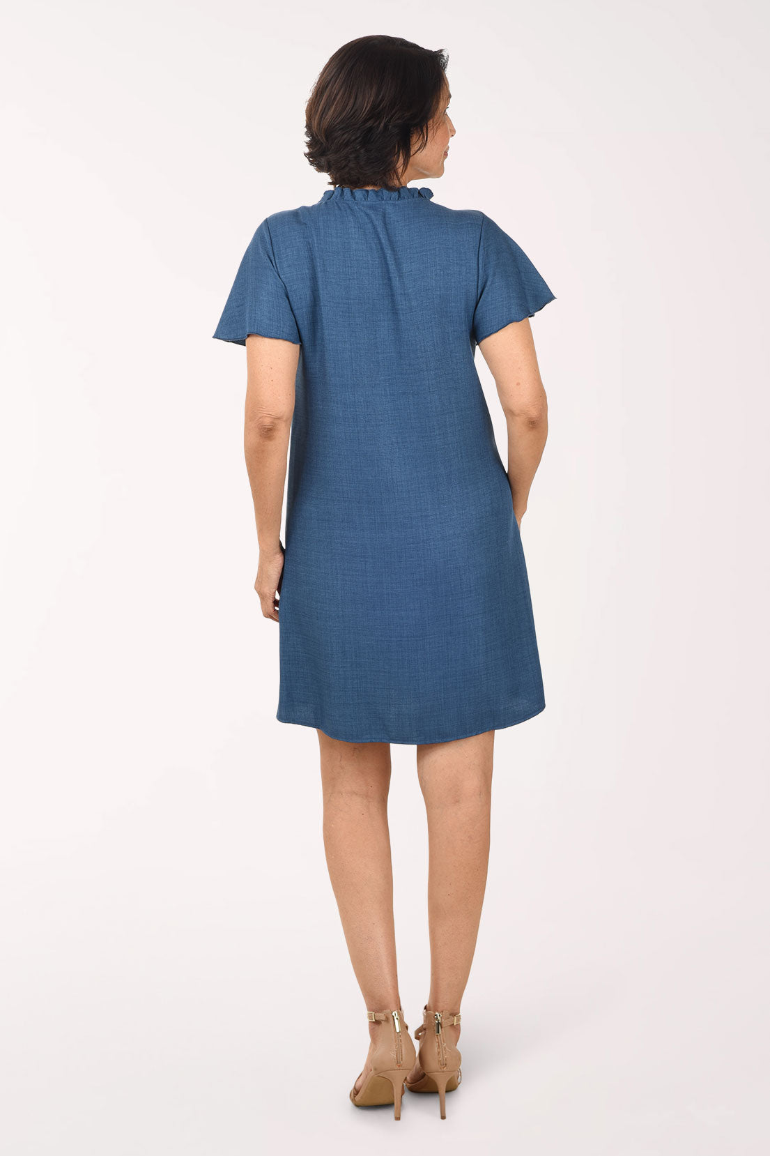 Denim Ruffle Neck Flutter Sleeve Dress | Tiana B Denim Ruffle Neck Flutter Sleeve Dress | Tiana B