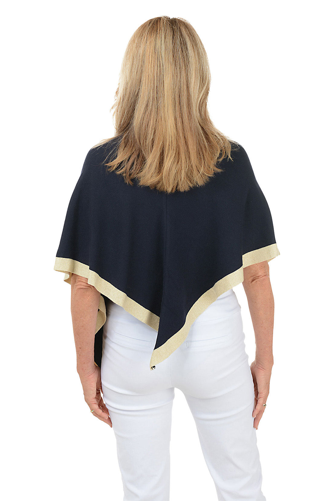 Woman wearing a navy blue wrap with beige trim on a white background. Back shot.