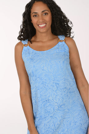 Woman wearing a blue dress on a white background