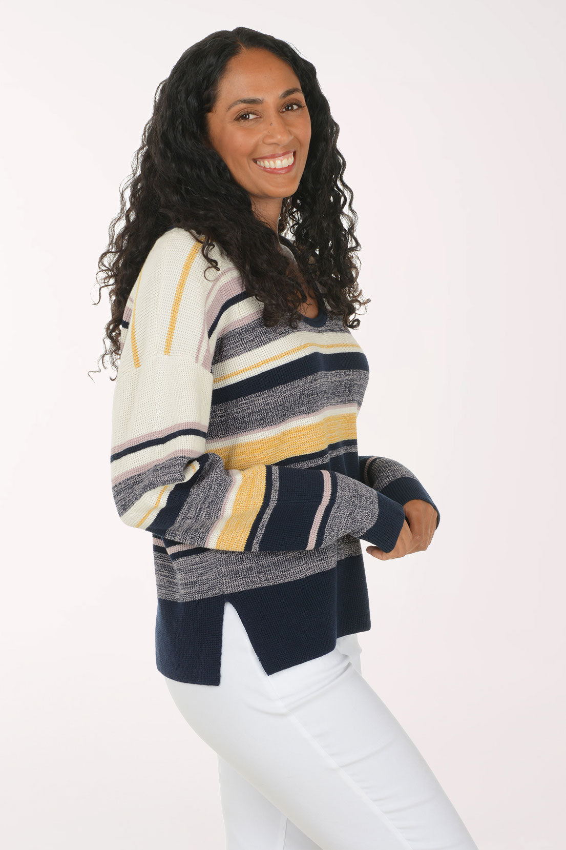 Sapphire Striped Cotton Waffle Knit Sweater