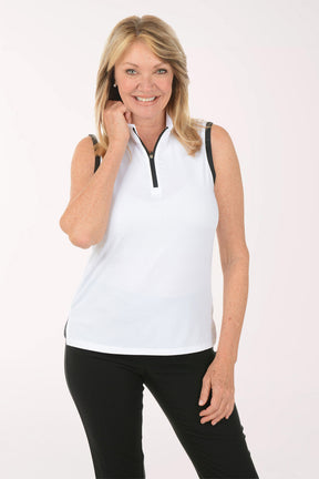 Woman wearing a white sleeveless top with a zipper on a white background