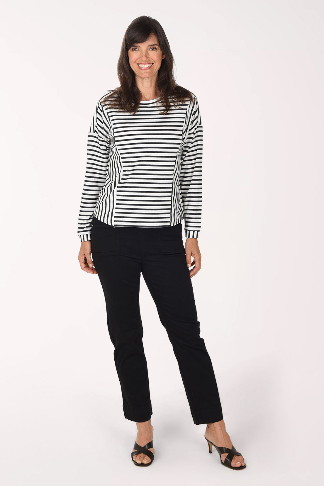 Tribal Comfort Stretch Denim Pull-On Pant, front view styled with a striped top, black