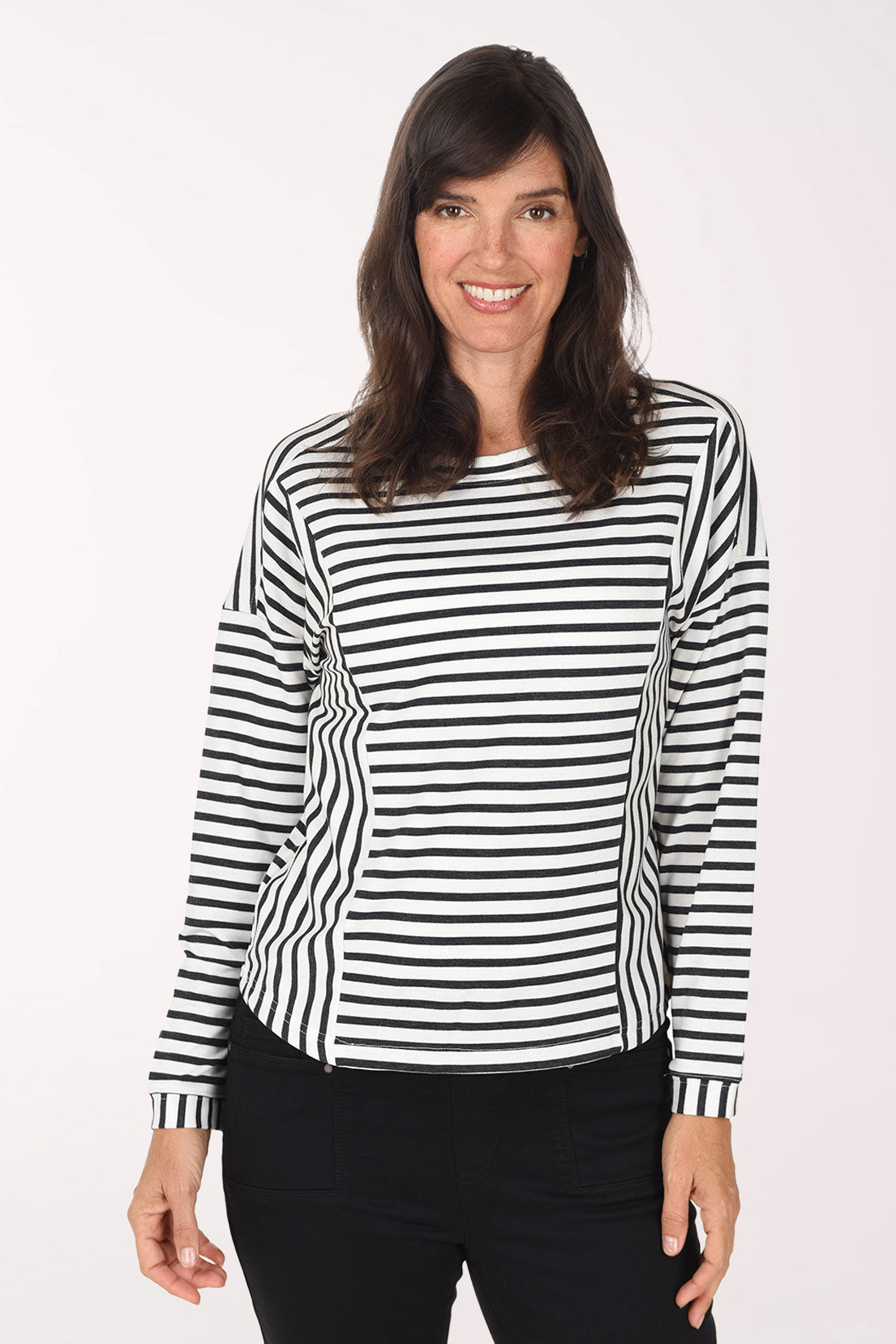 Tribal Multistripe Lightweight French Terry Top, front view, black and white stripe