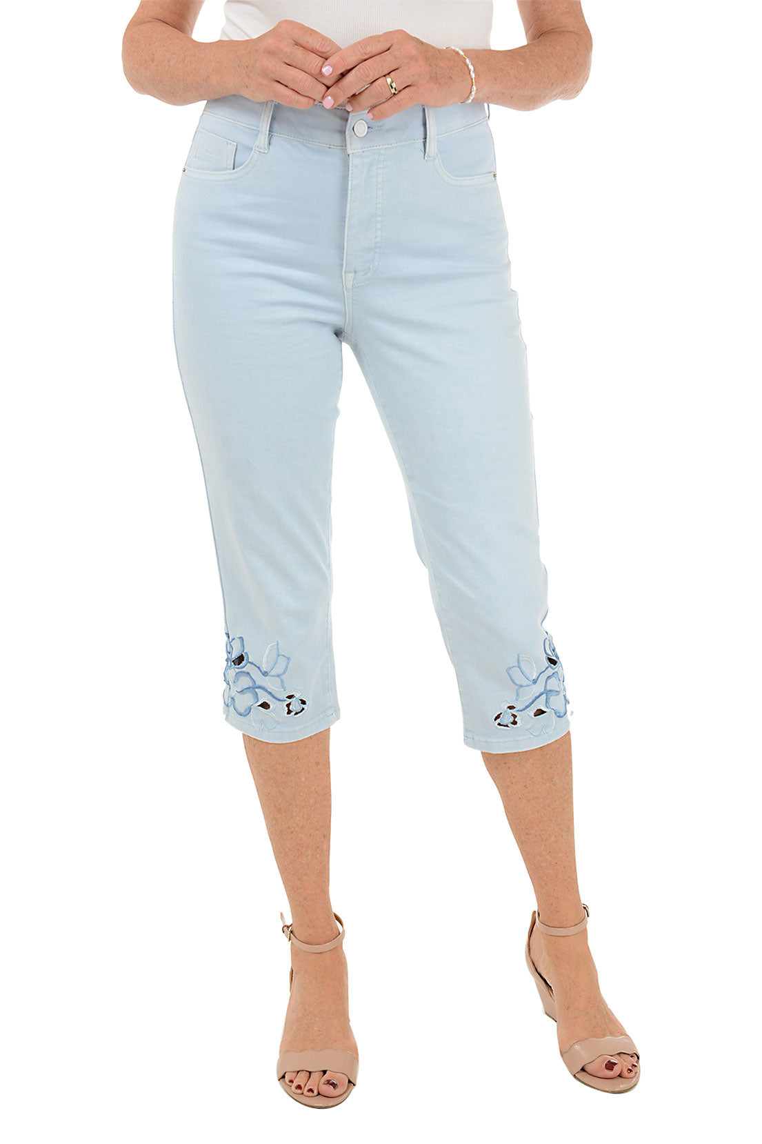 Blue Floral Embroidered Denim Capri Pant