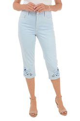 Blue Floral Embroidered Denim Capri Pant