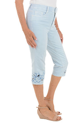 Blue Floral Embroidered Denim Capri Pant