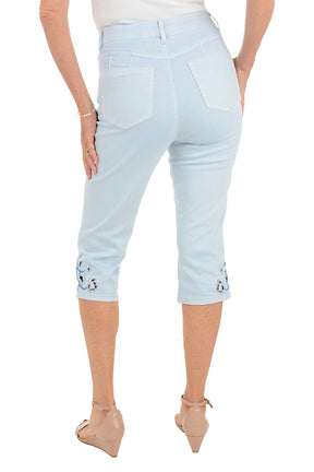 Blue Floral Embroidered Denim Capri Pant