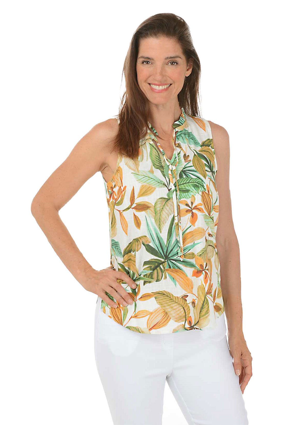 Aloe Leaf Ruffled Neck Sleeveless Blouse